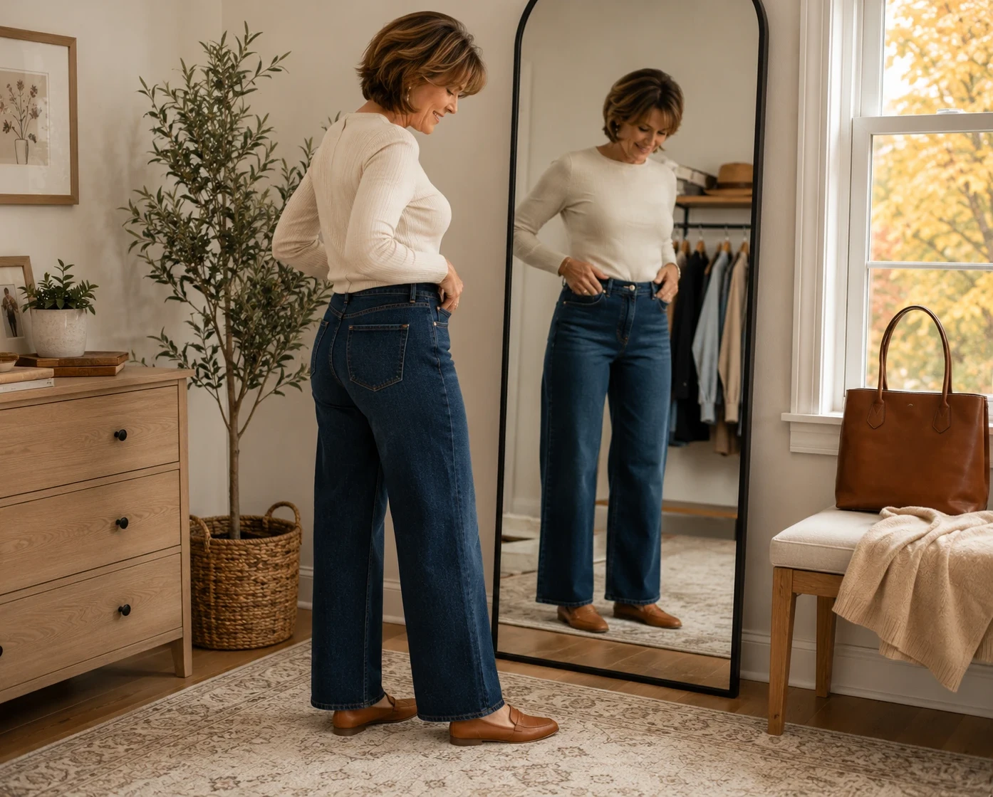 Woman wearing a cream sweater and stylish jeans looking in a mirror.
