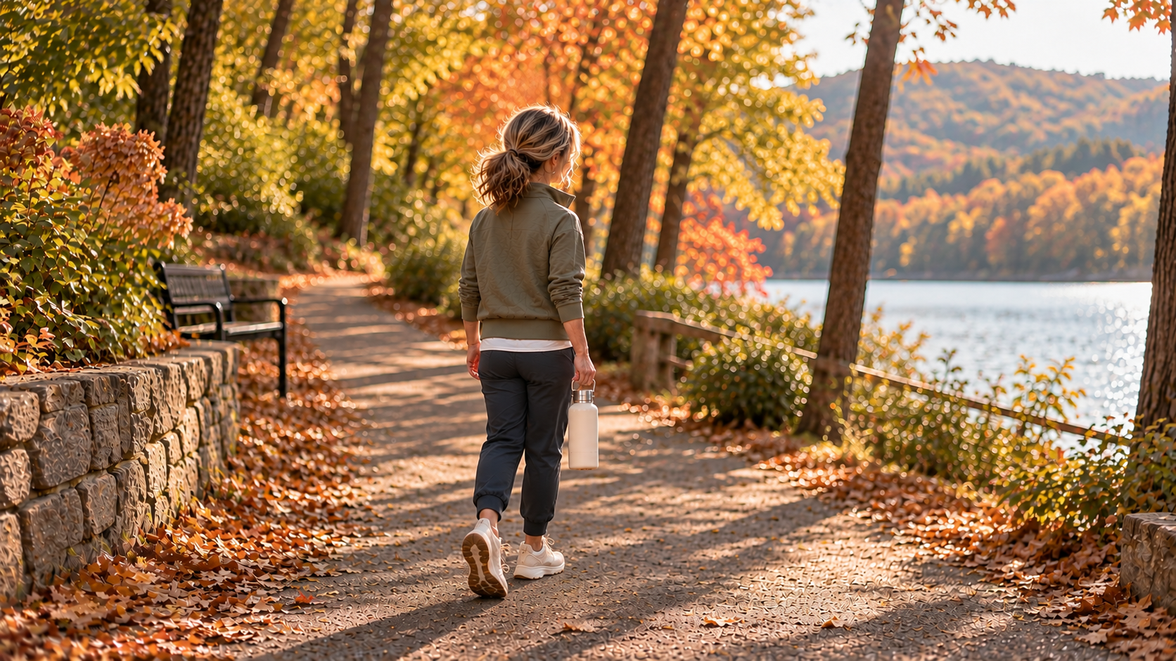 stroll by lake in athletic wear