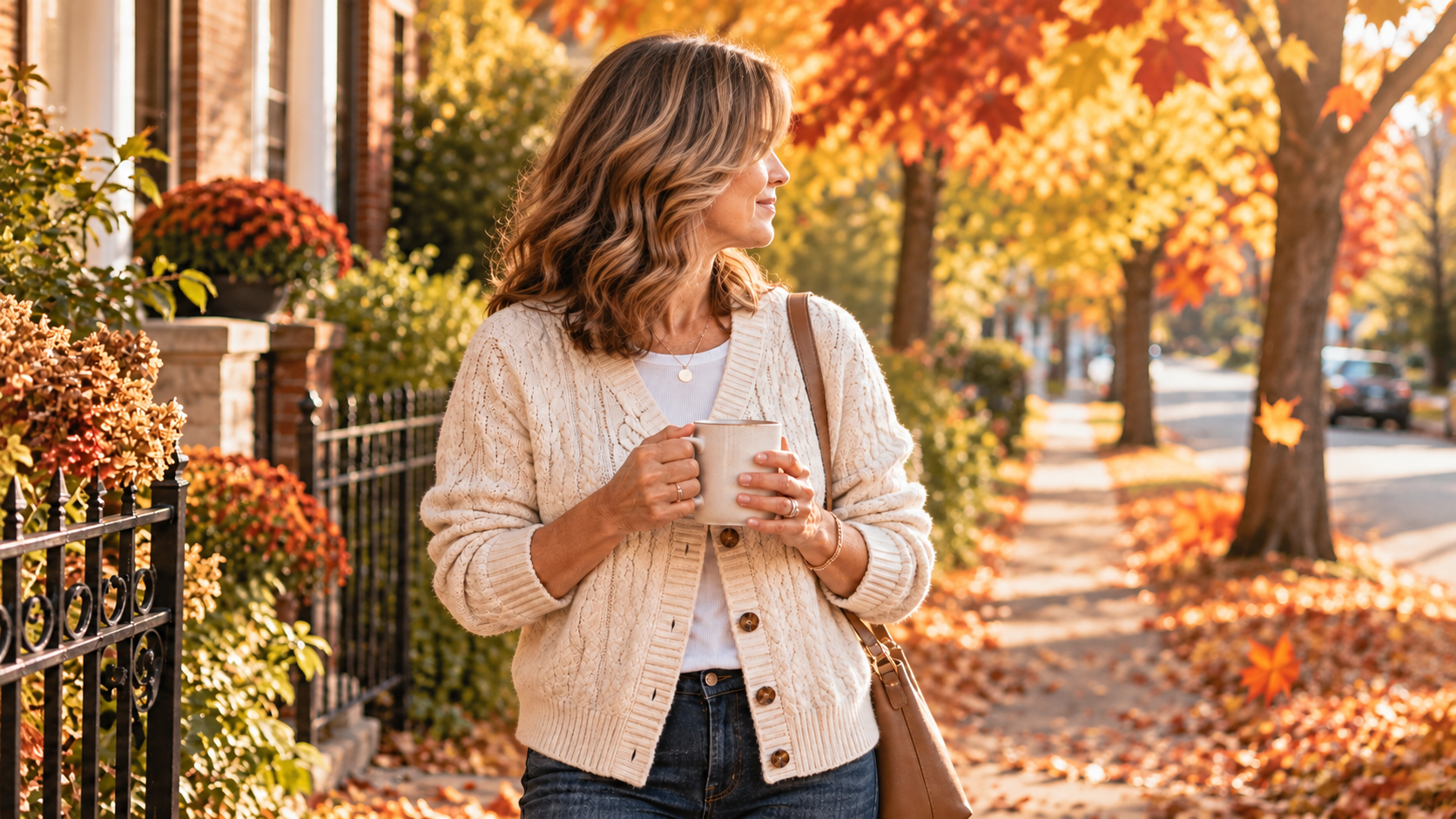 Woman wearing a cream cable-knit petite cardigan sweater, holding a mug on a tree-lined sidewalk in fall"