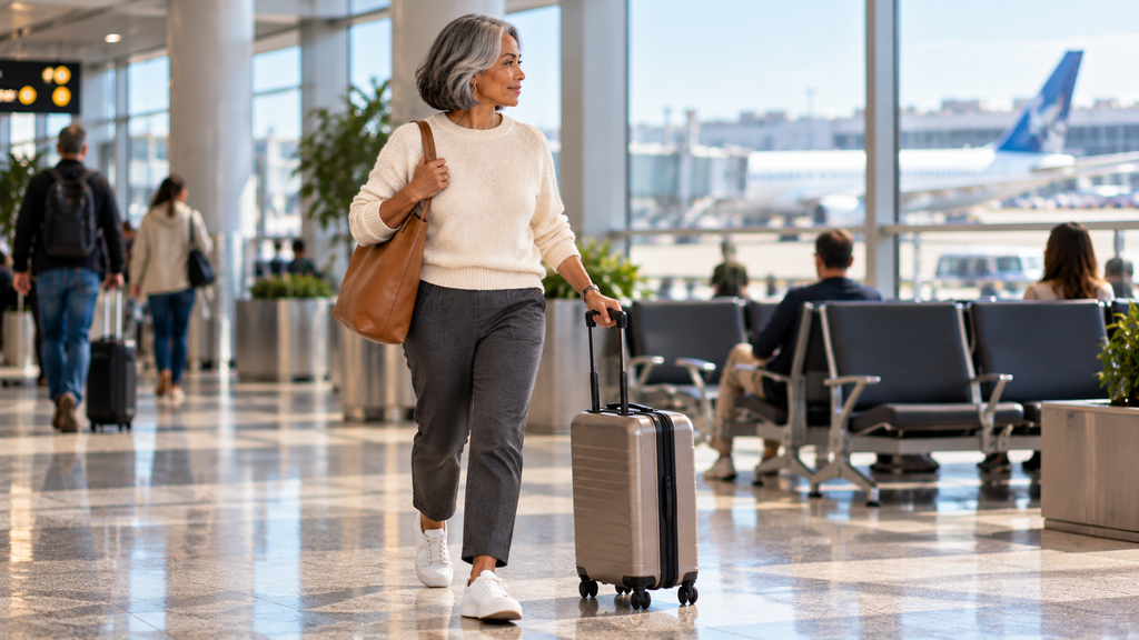 confident petite woman in airport