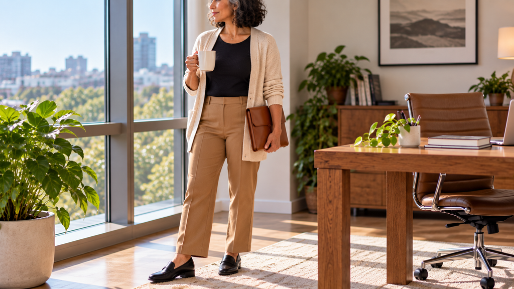 pants for work petite woman beside desk