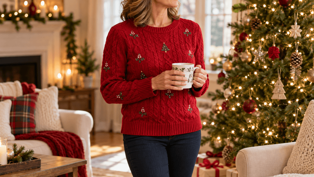 13 Petite Christmas Tops for Every Holiday Gathering Petite woman in a red cable-knit Christmas sweater with small embroidered trees and dark jeans, holding a mug in front of a lit Christmas tree